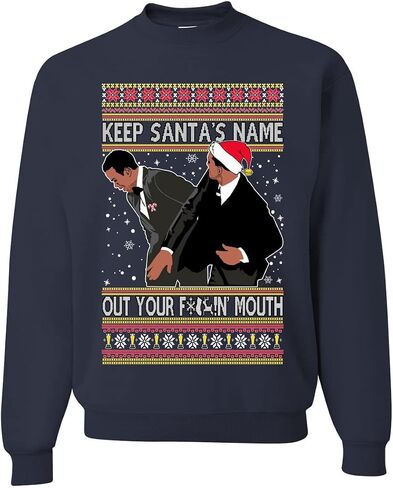 Shark & Hammer Will Chris Slap Award Show Keep Santa's Name Out Your Mouth Ugly Christmas Sweater Crewneck Sweatshirt, Kelly, Large in Saudi Arabia