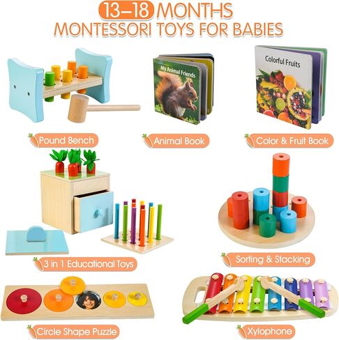 Montessori Toys for Babies 0-6 Months, 9 in 1 Learning Educational Sensory Toys for Newborn 0-3-6 Months, Includes High Contrast Cards, Baby Tissue Box Toy, Spinning Drum, Teether and More in Kuwait
