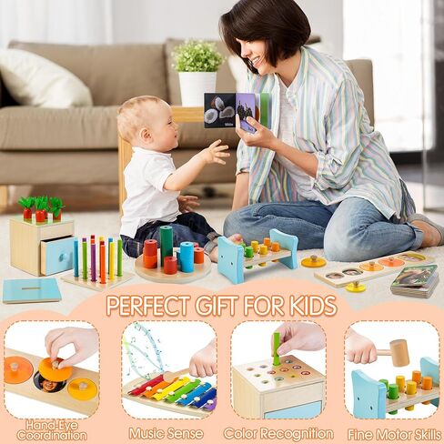 Montessori Toys for Babies 0-6 Months, 9 in 1 Learning Educational Sensory Toys for Newborn 0-3-6 Months, Includes High Contrast Cards, Baby Tissue Box Toy, Spinning Drum, Teether and More in Kuwait
