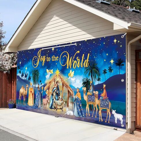 16 × 7FT عيد الميلاد المهد باب المرآب يغطي الزينة فرحة كبيرة للعالم ليلة المقدسة مشهد المهد راية يسوع عيد ميلاد باب المرآب خلفية للشتاء في الهواء الطلق عطلة عيد الميلاد حزب اللوازم in Kuwait