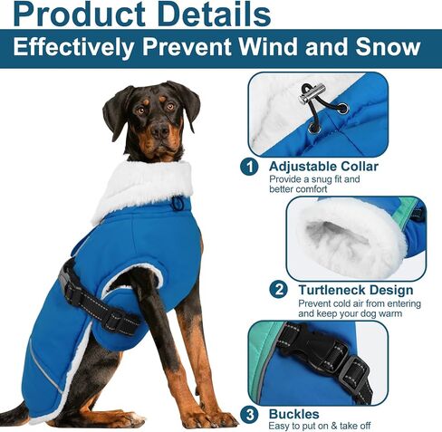 Winter Dog Coat, Thick Fleece Lined Turtleneck Dog Jacket Reflective Dog Coats for Small Medium Large Dogs, Adjustable Windproof Dog Snow Jackets with Leash Hole for Cold Weather in Saudi Arabia