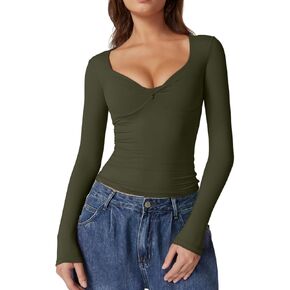 QINSEN Womens Long Sleeve Twist Front V Neck T Shirts Double Lined Slim Fit Trendy Top Tee in Kuwait