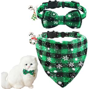 2 Pack Christmas Cat Collars with Bow Tie and Bell Pendant Christmas Snowflake Plaid Breakaway Kitten Safety Adjustable Collar Supplies for Xmas Girl Boy Pet Accessories