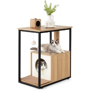 PETSITE Cat Tree and End Table, Cat End Table with Scratching Post, Cat Condo, Dangling Ball, Detachable Plush Mat & Anti-Tipping Kits, Cat Furniture Nightstand (Rustic Brown)