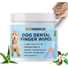 We Love Doodles Dog Teeth Cleaning Wipes - Pet Dental Finger Wipes for Dogs - Cleans Teeth and Gums, Freshens Breath Dog Dental Wipes, Prevents Tartar Buildup, Fits Most Finger Sizes - 100 PCS