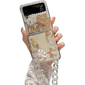 Sparkle Case for Samsung Galaxy Z Flip 6 5G with Chain,Women Girls Cute Bling Glitter Case Flower Pearl Diamond Crystal Rhinestone 3D Handmade with Bracelet Wristband Strap Keychain