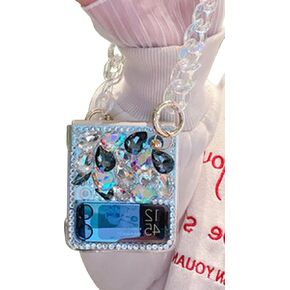 Sparkle Case for Samsung Galaxy Z Flip 6 5G with Chain,Women Girls Cute Bling Glitter Case Flower Pearl Diamond Crystal Rhinestone 3D Handmade with Bracelet Wristband Strap Keychain