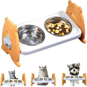 Cat Food Bowls Elevated, Raised Cat Bowls for Indoor Cats, Raised Pet Bowl with Adjustable Height, 2 Stainless Steel Bowls and Non-Slip Feet, Suitable for Small Dogs and Cats