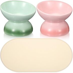 Baderke 2 Pcs Ceramic Raised Cat Bowls for Food and Water Elevated Tilted Cat Bowl with Silicone Non Slip Mat Anti Vomit Neck Protection Pet Bowls for Dog Cat Wet Food(Gradient Pink, Gradient Green)