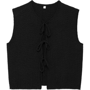 Wyeysyt Womens Crochet Sweater Vest Sleeveless Crew Neck Tie Front Tops Open Front Knit Cardigan