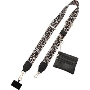 Jusy Clip and Go Strap for Phone With Wallet Crossbody, Phone Strap with Zippered Pouch,Stylish Crossbody Adjustable Multifunction Lanyard with Leather Wallet for All Phones -Leopard