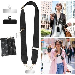 Clip and Go Phone Strap with Zipper Pouch, Adjustable Phone Lanyard Crossbody, Phone Strap Crossbody for All Phones (Black)