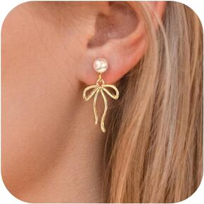Bow Earrings for Women - 18K Gold Plated Bow Stud Earrings Bow Dangle Earrings Ribbon Drop Earrings Gold Earrings for Women Trendy Gold Bow Earrings Prom Earings Gold Jewelry for Women Gifts