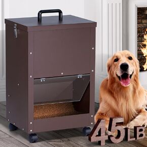 45lbs Automatic Dog Feeder Large Breed Outdoor Dog Food Dispenser for Large Dogs Self Feeding Metal Dogs Pets Feeder Gravity Food Feeder with Wheels (Brown)