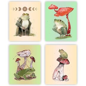 NIIORTY Funny Frog Posters Vintage Frog Mushroom Wall Art Prints, Retro Cute Frog Mushroom Creativity Nature Illustration Canvas Art Prints for Bathroom Bedroom Decor, Set of 4-(8"x10", Unframed)