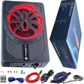2024 Upgrade 10" 800W Slim Under Seat Powered Subwoofer Car Speakers, Car Audio with Red LED Ambient Light, High/Low Level Input,Car/Truck Audio Sub Built in Amplifier and Wiring Kit, Sub amp combo