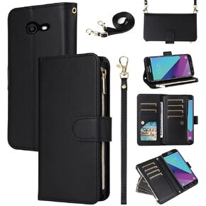 Wallet Case for Samsung Galaxy J7 Prime 2017 J 7 Skypro Sky Pro J7V V S727VL with Wrist Strap Crossbody Shoulder Strap Zipper 11+ Card Slots Protector Phone Cover Halo 7J Perx J7prime Purple