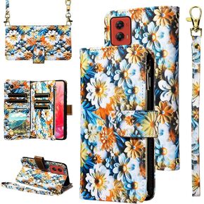 Wallet Case for Motorola Moto G Stylus 5G 2024 with Wrist Strap Crossbody Shoulder Strap Flower Leather 6+ Card Slots Zipper Purse Credit Card Holder Protector Stand Phone Cover G5 Girls Black