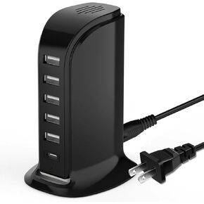 USB Charging Station for Multiple Devices, 5 USB Ports + 1 Type C Multiport Charger Tower, Compatible with Smartphones, Tablets and Other USB Devices (Black)