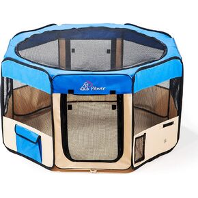 45"×24" 8-Panel Foldable Pet Playpen, Blue+Beige, Personalize Embroidery Extra Fabric Piece Available, for Cat/Dog/Puppy, 600D Oxford Cloth Portable Indoor & Outdoor Kennel with Carry Bag