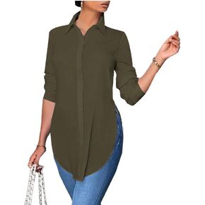 Rooscier Women's Collar V Neck Long Sleeve Slit Side Button Down Long Shirt Blouse Top in Kuwait