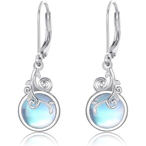 Moonstone Leverback Earrings for Women Sterling Silver Tree Life 6mm Moonstone Dangle Earrings Jewelry Gifts Hypoallergenic Earrings for Girls Sensitive Ears