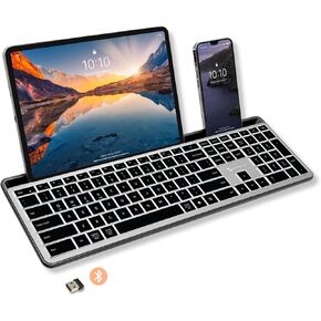 X9 New Backlit Full Size Bluetooth Keyboard with Phone Holder - (2.4G + BT) - Rechargeable Multi Device Keyboard w/Copilot Key for PC, Mac, iOS, Android - Bluetooth Wireless Keyboard - Gray