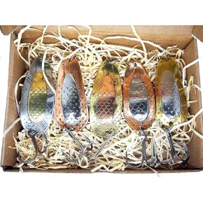 Handmade Fishing Spoon Lure Set, Unique Brass Copper Fishing Tackles for Pike and bass Fishing in a Gift Box