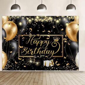 Black and Gold Birthday Backdrop Happy Birthday Backdrop Golden Sparkle Shining Dots Background Birthday Anniversary Photography Backdrop Banner for Men Women Birthday Party Decoration Supplies 7x5FT