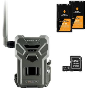 SPYPOINT Flex-Plus Cellular Trail Camera, 36MP Photos and 1080p Videos w/Sound, GPS-Enabled, Dual-SIM LTE Connectivity, 100' Flash & Detection Range + Two LIT-22 Batteries + 32GB Micro SD Card