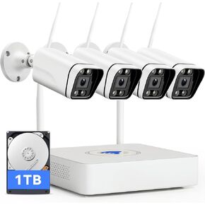 Security Camera System Wireless, 4pcs 5MP WiFi Camera Outdoors for Home Security System, 8CH Video Surveillance NVR Set with 1TB HDD for 24/7 Recording, Motion Detection, IP67 Metal Shell