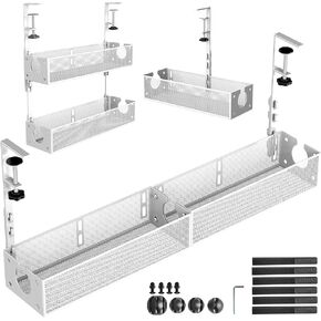 Multi-Model Under Desk Cable Management 2 Pack Metal Under Desk Wire Management Tray Clamp Mount Under Table Cord Management No Damage The Desk（White）