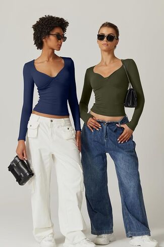 QINSEN Womens Long Sleeve Twist Front V Neck T Shirts Double Lined Slim Fit Trendy Top Tee in Kuwait