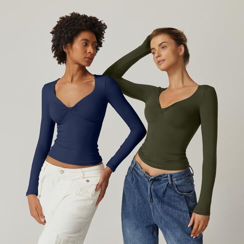 QINSEN Womens Long Sleeve Twist Front V Neck T Shirts Double Lined Slim Fit Trendy Top Tee in Kuwait