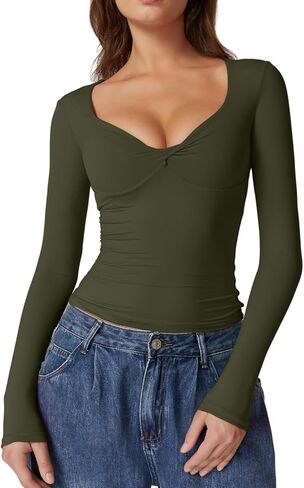 QINSEN Womens Long Sleeve Twist Front V Neck T Shirts Double Lined Slim Fit Trendy Top Tee in Kuwait