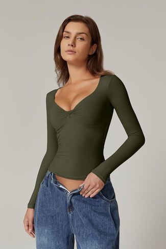 QINSEN Womens Long Sleeve Twist Front V Neck T Shirts Double Lined Slim Fit Trendy Top Tee in Kuwait