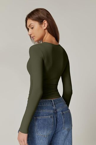 QINSEN Womens Long Sleeve Twist Front V Neck T Shirts Double Lined Slim Fit Trendy Top Tee in Kuwait