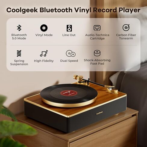 Record Player Bluetooth | Original Vinyl Turntable with Cartridge AT-3600L Stylus Head | 4 Speakers Turntable Design | Suspension Cushion System | Equipped with Speakers（Brown） in Saudi Arabia