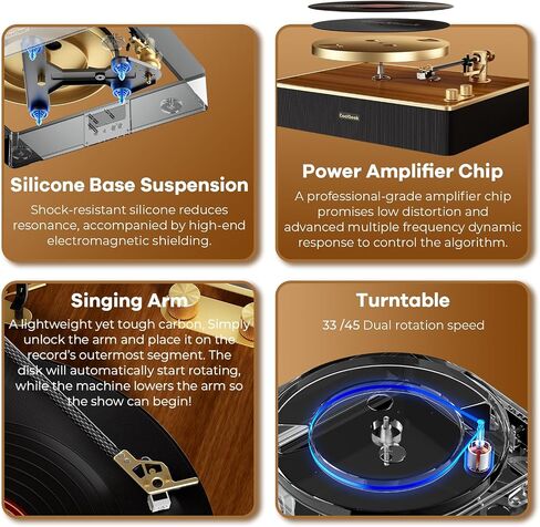 Record Player Bluetooth | Original Vinyl Turntable with Cartridge AT-3600L Stylus Head | 4 Speakers Turntable Design | Suspension Cushion System | Equipped with Speakers（Brown） in Saudi Arabia