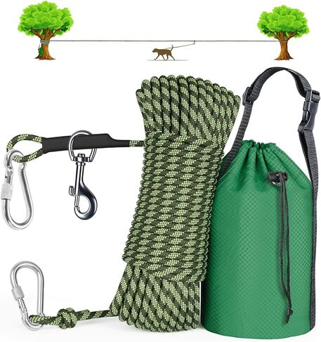 مقود تخييم الكلاب من تريسبرو، نظام عربة الكلاب بطول 45 قدم/50 قدم/75 قدم/100 قدم للكلاب التي يصل وزنها إلى 300 رطل، مقود محمول خفيف الوزن للكلاب للفناء، كابل ربط كلب عاكس للتخييم، الفناء، الحديقة، بالخارج in Kuwait