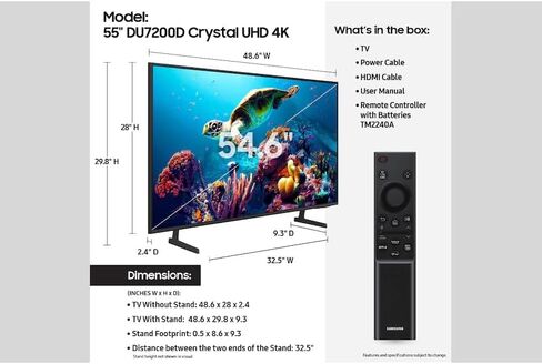 سامسونج 55 بوصة فئة كريستال UHD 4K (2160p) DU7200D LED تلفزيون ذكي واي فاي، PurColor، Motion Xcelerator، V-Chip، متوافق مع Alexa و Google Assistant UN55DU7200DXZA (متجدد) in Saudi Arabia
