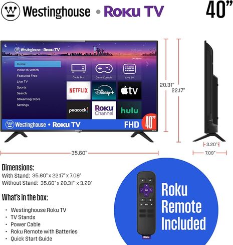 Westinghouse Roku TV - 40 Inch Smart TV, 1080P LED Full HD TV with Wi-Fi Connectivity and Mobile App, Flat Screen TV Compatible with Apple Home Kit, Alexa and Google Assistant in Saudi Arabia