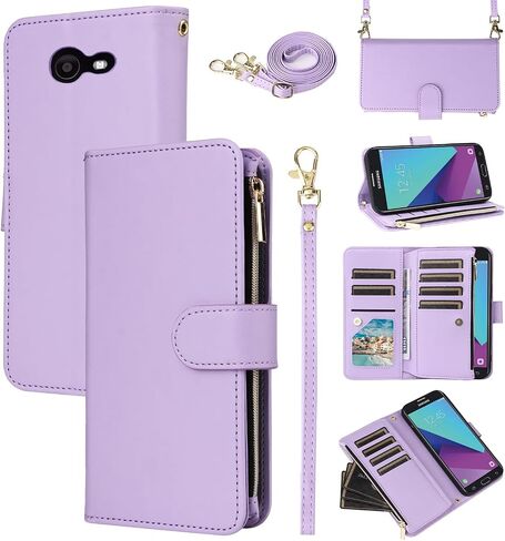 Wallet Case for Samsung Galaxy J7 Prime 2017 J 7 Skypro Sky Pro J7V V S727VL with Wrist Strap Crossbody Shoulder Strap Zipper 11+ Card Slots Protector Phone Cover Halo 7J Perx J7prime Purple in Saudi Arabia