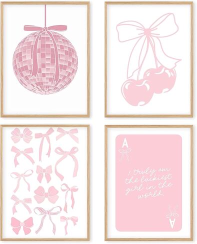 Boat Wades Pink Coquette Bow Wall Art Poster,Preppy Pink Coquette Bow Poster Prints Wall Art,Bow Room Decor,Girls Coquette Bedroom Dorm Decor,Pink Prints Wall Art 8x10 Set Of 4 in Saudi Arabia
