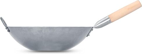 Craft Wok Flat Hand Hammered Carbon Steel Pow Wok with Wooden and Steel Helper Handle (14 Inch, Flat Bottom) / 731W316 in Saudi Arabia