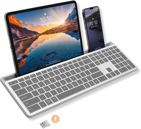 لوحة مفاتيح بلوتوث كاملة الحجم بإضاءة خلفية X9 مع حامل هاتف - (2.4G + BT) - لوحة مفاتيح متعددة الأجهزة قابلة لإعادة الشحن مع مفتاح مساعد للكمبيوتر الشخصي وMac وiOS وAndroid - لوحة مفاتيح بلوتوث لاسلكية - رمادي in Kuwait