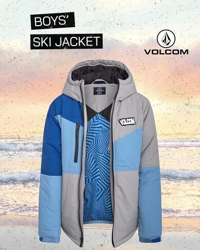 سترة تزلج للأولاد من Volcom - سترة شتوية بغطاء للرأس بسحاب كامل للأولاد - سترة دافئة بألوان متباينة للأولاد (8-20) in Kuwait