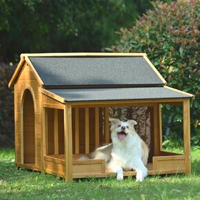 Merax 60.2" Wooden Dog House Outdoor, Extra Large Breed Outside Kennel with Porch, Side Window and Doors, Elevated Floor, Weatherproof Asphalt Roof and Fencing