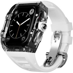 For Apple Watch band 44mm/45mm Crystal Transparent Case,Men Rugged Case and Fluorine Rubber Wristband Compatible Apple Series iWatch 8 7 6 5 4 SE,Watch transparent Case Strap luxurious Set