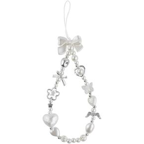 RUIYDZ White Pearls Bow Beaded Phone Charm Keychains for Women Pearl Phone Chain Key Ring Bag Charms Cute Keychain Lanyard Pendant Star Heart Bowknot Phone Strap Charm Accessories for Backpack Camera